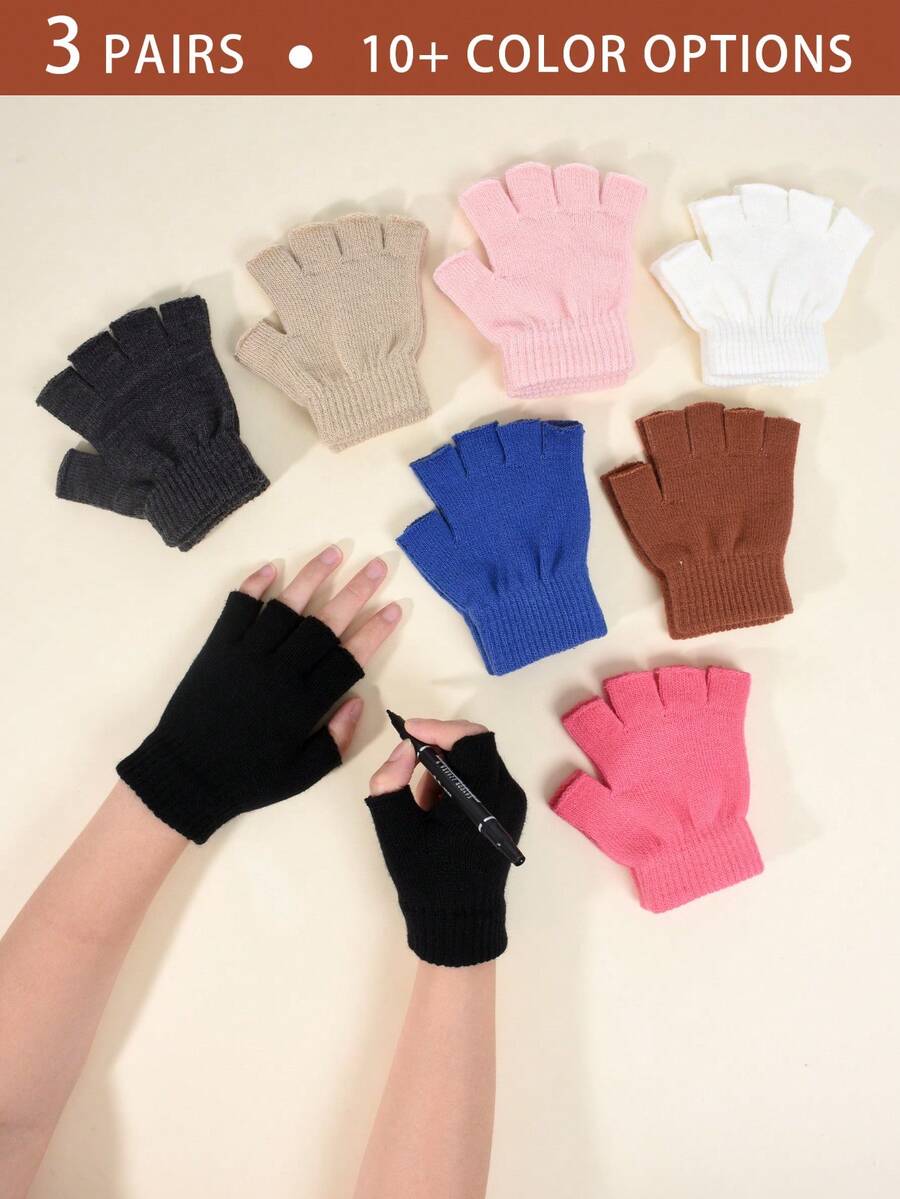 3双儿童弹力针织露指手套（4-10岁）| 书写辅助+户外徒步| 高弹力针织保暖，秋冬防寒手套 - 3雙 - 查看 1