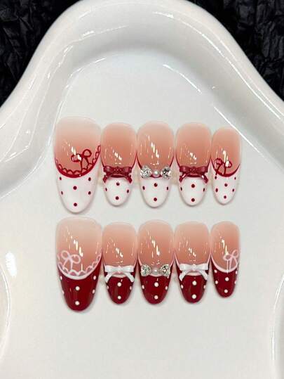 10Pcs Sweet Sparkle Polka Dot Handmade Press On Nails With Red Pink Gradient, Rhinestone Encrusted Bows Lace, French Nail Tips,Shimmering Medium Long Oval Fake Nails With Jelly Glue And Nail File For Back To School Romantic Moments Nail Supplies Nails