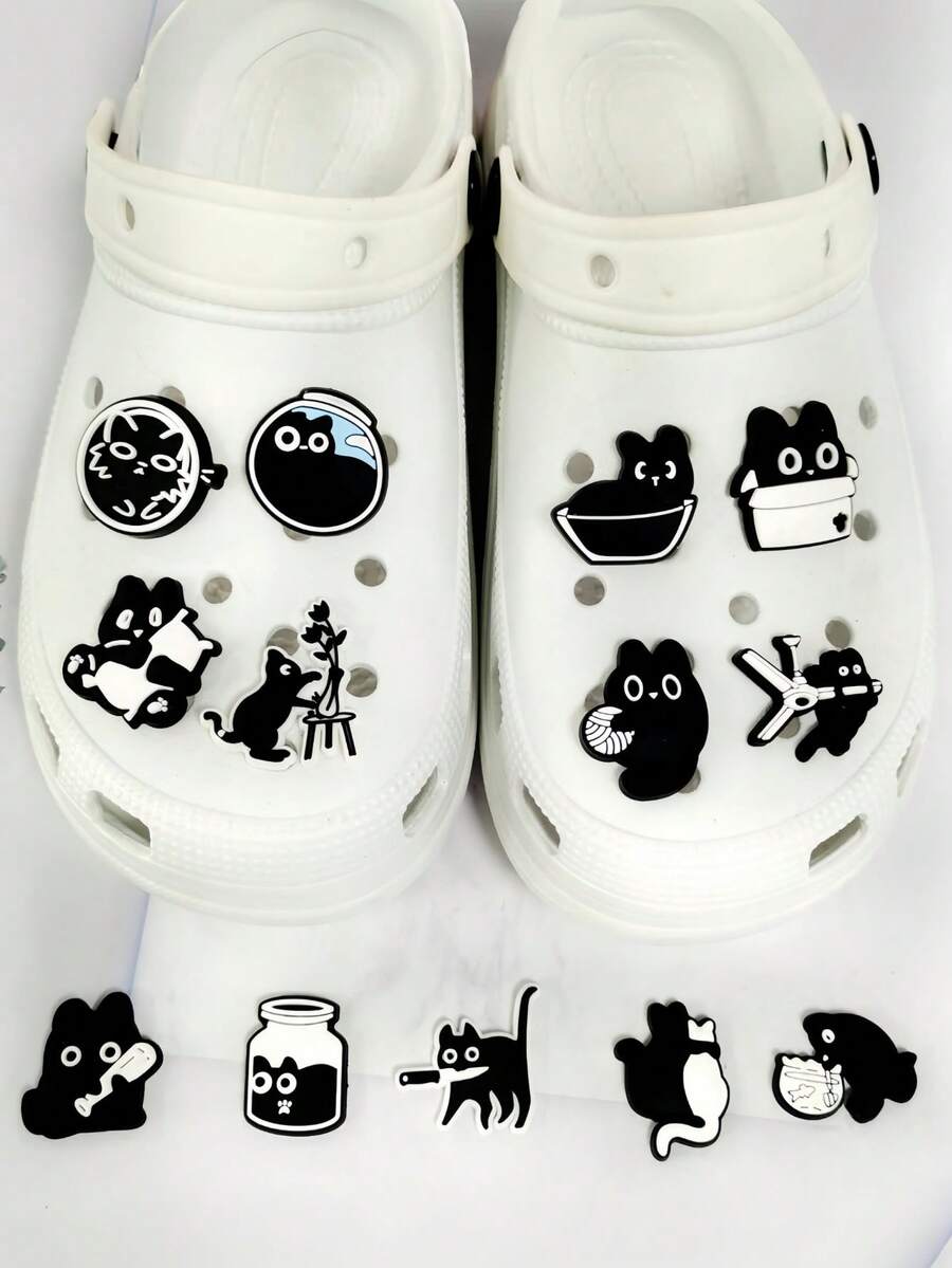 13 件深色系列黑猫 DIY 鞋饰，可拆卸多功能凉鞋、木屐、果冻鞋、花园鞋装饰纽扣，适合日常穿着、购物、节日、派对、旅行和度假