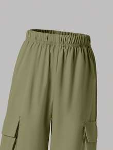 青少年女孩纯色蝴蝶结装饰短袖上衣和工装裤套装 - 白色 - 查看 6