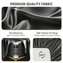 Lux Decor 4-Piece Satin Sheet Set, Silky Soft Polyester Bed Sheets With Deep Pocket Fitted Sheet, Breathable Cooling And Refreshing Bedding, Soft Touch, Washable Bed Linen For Home, Bedroom And Guest Room - 黑色 - 查看 8