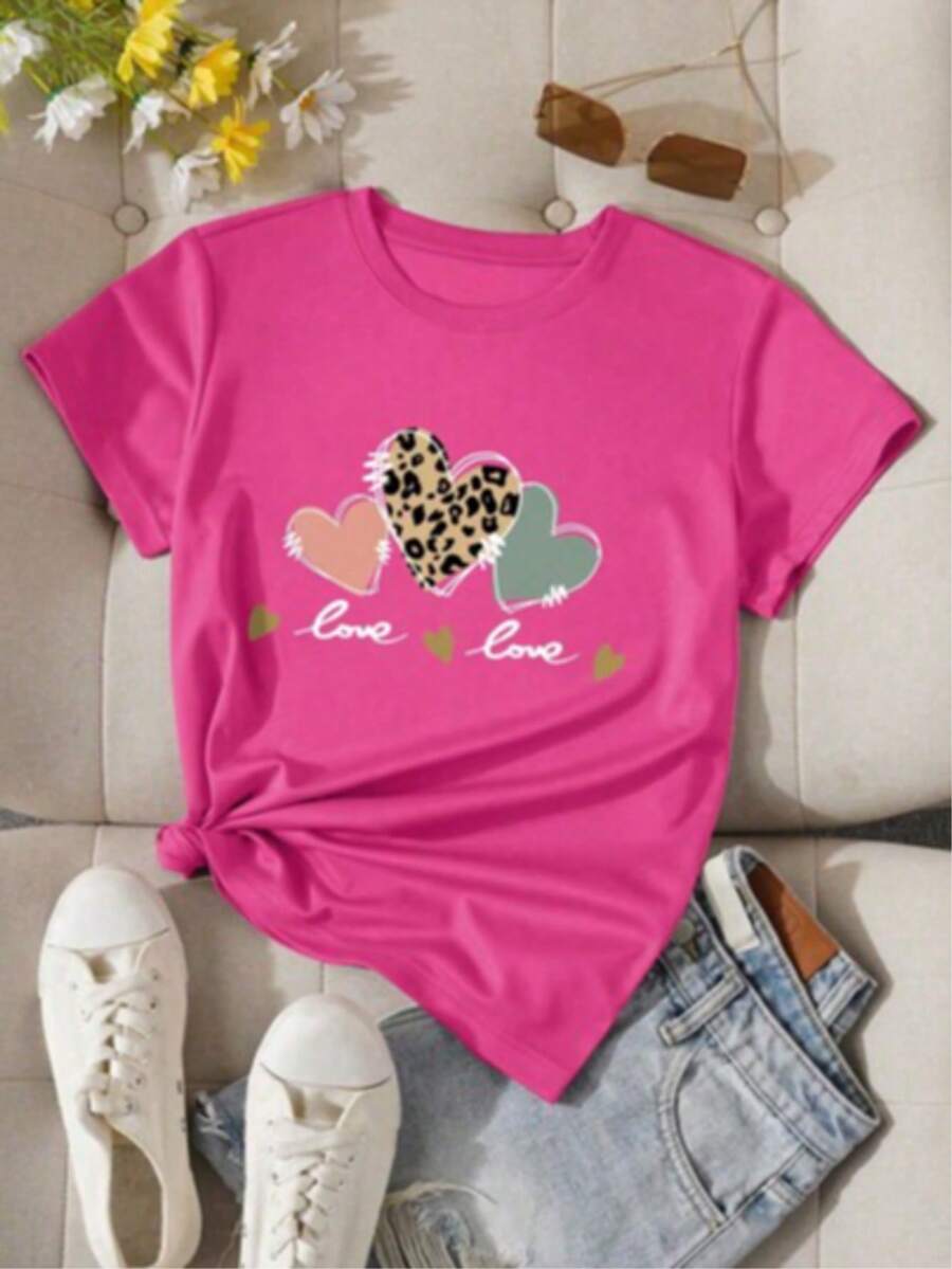 Playera estampada grafico corazones colores animal print moderna primavera verano Letras Casual diario casa - Rosa Fucsia - Ver 1