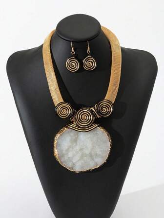 European & American Bohemian Exaggerated Luxury Personalized White Marble Wrapped Aluminum Wire Pendant Necklace Set