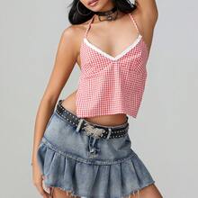 Women's Plaid Halter Camisole Open Back Lacing Terry Trim Sleeveless Sweetheart Neck Slim Fit Crop Tank Tops - 紅色 - 查看 6