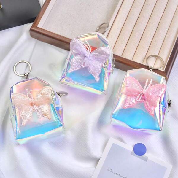 Butterfly Faux Pearl Decor Laser PVC Keychain Small Item Storage Zipper Coin Purse Sweet Girl Style Coin Pouch For Women Wallet Mini Wallet Purse Wallet Coin Wallet Wristlet Wallet