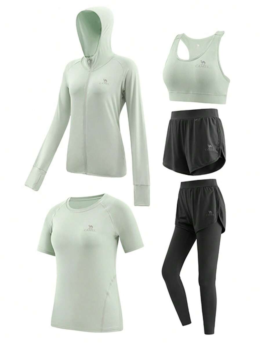 CAMEL CROWN Costume de yoga pentru femei, îmbrăcăminte sport la modă și respirabilă, costume de fitness subțiri și slim fit, costum din cinci piese - Gri gheață Verde Negru fantomă - Vizualizare 1