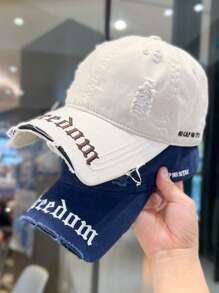 Back-To-School Season Star Same Style Fashion Retro Broken Hole Cool Embroidery Letter Baseball Cap Big Head Circumference American Cap Young Couple Fashion Street Curved Brim Hat Blocking Ultraviolet Sunshade Hat Outdoor Sports Wear Retro European And American Style Unisex Couple Baseball Cap