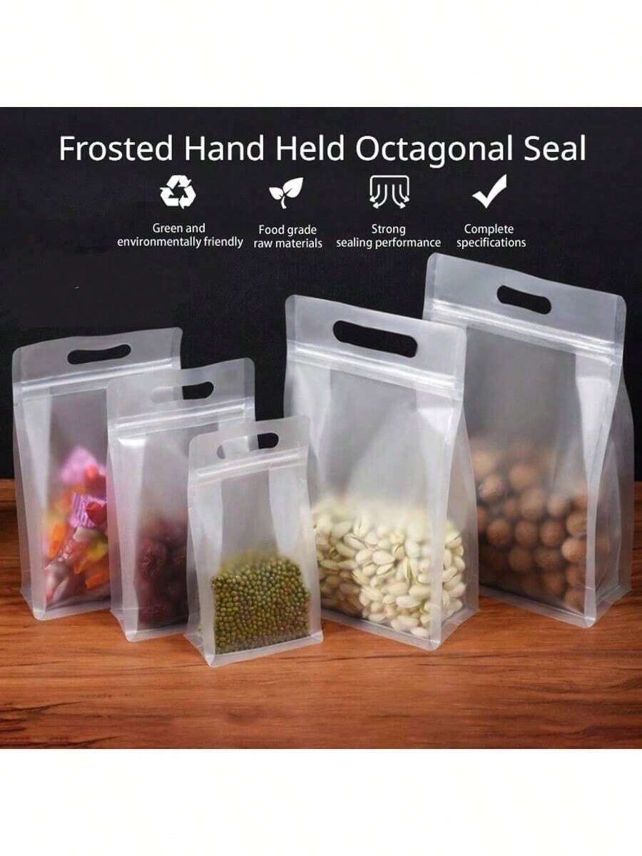 Set de 10/20/40/50 piezas de bolsas con cremallera transparentes y mate con asas, aptas para uso doméstico, reutilizables, para viajes, almacenamiento de caramelos, frutos secos, aperitivos, galletas, té, frutas, con sellado hermético, también adecuadas para almacenamiento y conservación en cocinas comerciales, accesorio ideal para vacaciones, bodas y fiestas.