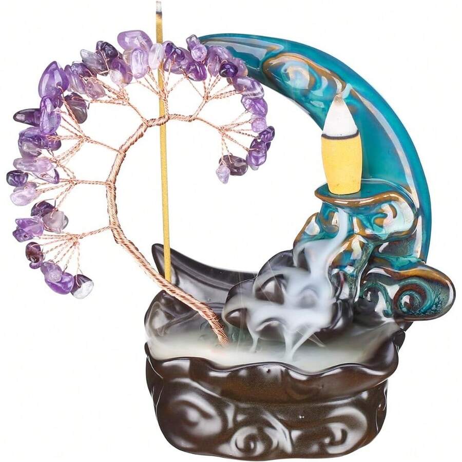 Ceramic Backflow Incense Burner With 7 Chakras & Crystal Tree - Yoga Meditation Decor - Blue Moon 2 - View 1