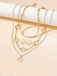 Set de 5 piezas Collar con colgante de trébol hueco de metal dorado elegante, adecuado para atuendos diarios y de fiesta de mujeres, conjunto de collar y aretes superpuestos - Amarillo Oro - Ver 6