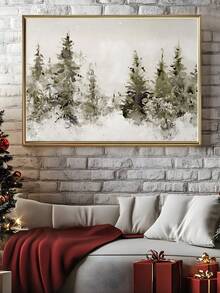 1 pieza Impresión de granja de estilo campestre invernal, arte de pared de paisaje nevado vintage de árboles de pino, arte de pared de paisaje rústico neutral de Navidad, arte de pared invernal, decoración de pared de árbol de Navidad vintage, arte de pared en lienzo, decoración navideña, arte de pared navideño, decoración de dormitorio, decoración de sala de estar