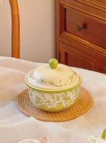 1pc Vintage Floral Ceramic Bowl With Lid, Spoon Included, Rustic Lily Of The Valley Green Casserole Dish, Homemade Dessert & Soup Bowl, Creative Dinnerware, Suitable For Daily Use