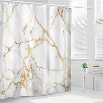 1pc Luxury Golden Marble Pattern Shower Curtain, Waterproof Shower Curtain With Hooks, Bathroom Partition, Bathroom Accessories, Home Decor Bathroom Decor