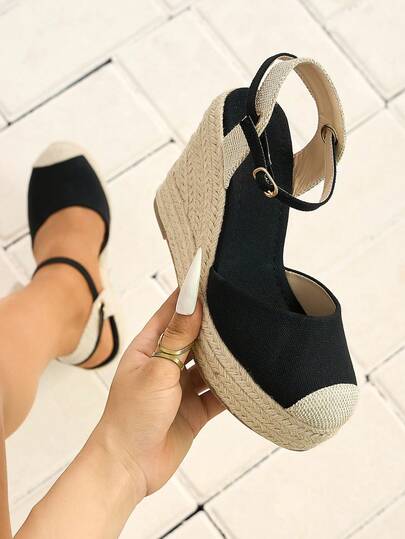 Women's Classic Thick Sole Strap Summer Breathable Thick Heel High Heel Sandals, Sexy Roman Lace-Up Jute Wedge Bohemian Beach Holiday Black Sandals