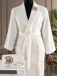 Shawl Collar Cotton Bathrobe with Embroidery detail on collar - S/M - L/XL- Made in Turkiye - 白色 - 查看 2