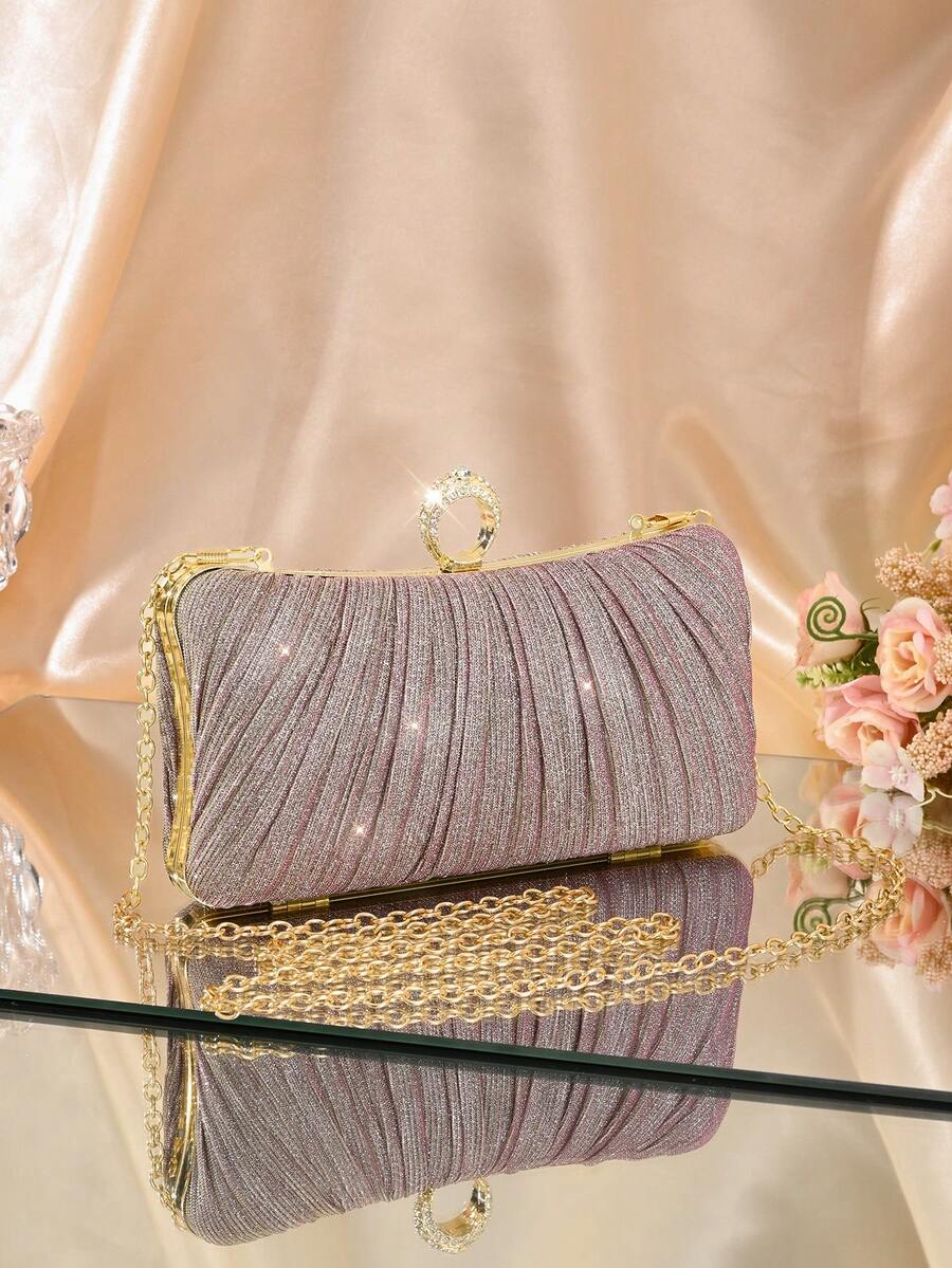 Fashionable Pink Glitter Ring, Luxury Metal Rhinestone Clutch Bag For ...