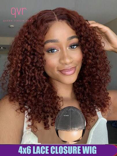 QVR QUEEN VIRGIN REMY Human Hair Curly 4x6 Transparent Lace Closure Bob Wigs Pre-Cut Put On And Go Lace Wig Pre Plucked Nautal Hair Line Free Part Lace Front Glueless Wigs Ruddish Brown Color