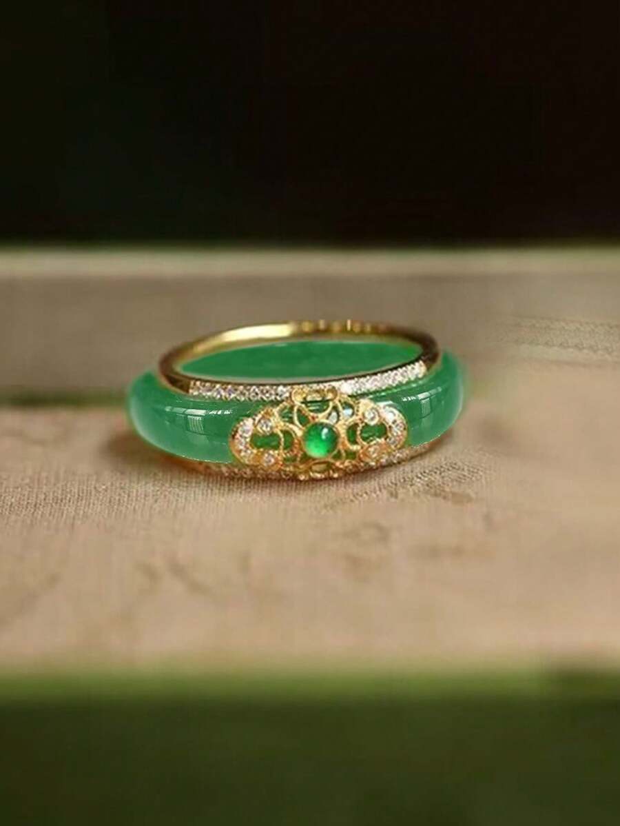 1pc Chinese Style Green Jade Inlaid Metal & Zirconia Ring, Fashionable High-End 18K Gold Band, Luxury & Versatile Gift For Women - Multicolor - View 1