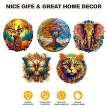 Wooden Puzzle - Seasonal Tree Of Life/Elephant/Duck/Deer/Cat/Butterfly Clock, Asymmetrical Animal Shaped Wooden Puzzle Toys, Party Game Gifts, Decorative Art Painting, Tabletop Magic Puzzle, Unique Children's Educational Puzzle, Birthday Gift, Suitable For Kids, Back To School Gift, Christmas Gift - Multicolor - View 12