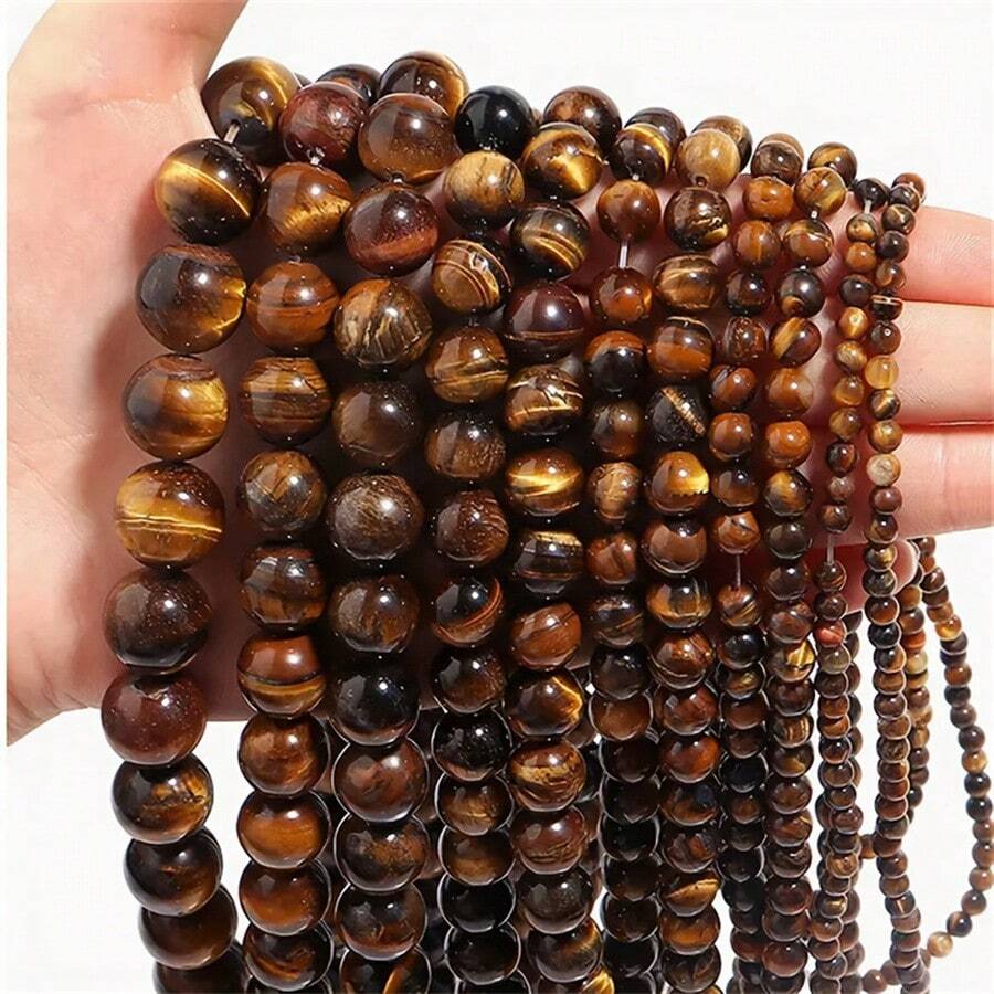 Cuentas de ojo de tigre amarillo natural (1 tira, 4, 6, 8 y 10 mm): cuentas sueltas redondas vibrantes para hacer joyas, proyectos de bricolaje, accesorios artesanales y creaciones con cuentas de moda. Perfectas para crear pulseras, collares y más. - Café integral - Ver 1