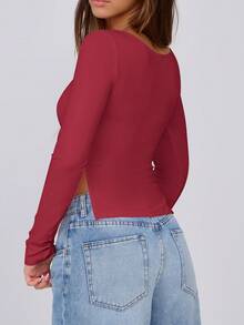 春秋季新款甜心领长袖褶饰侧开衩 Y2K 上衣 T 恤 - 酒紅色 - 查看 3