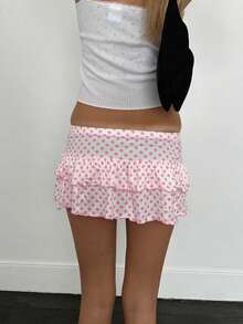 Layered Ruffle Mini Skirt For Women Summer Dots/Stripe/Heart Print/Solid Color High Waist Short Skirts - 粉色 - 查看 7