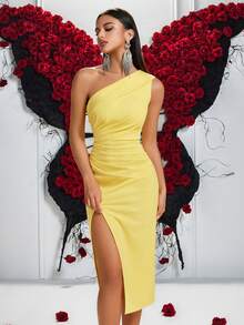 ADYCE 1pc Women Solid Color Pleated One Shoulder Front Slit Ball Gown, Party Dress Elegant Cocktail Semi Formal Prom Wedding Guest Dress, For Birthday,Dinner Formal Dresses, Homecoming Summer,Graduation Dress