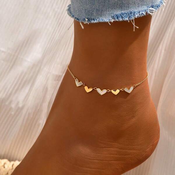 Tobillera de acero inoxidable con concha blanca en forma de corazón para mujeres, versátil y elegante joyería para los pies con un diseño elegante, perfecta para vacaciones en la playa, agrega un toque sexy a tu look, fácil de combinar con varios atuendos, accesorio de alta calidad para los pies que realza el encanto femenino
