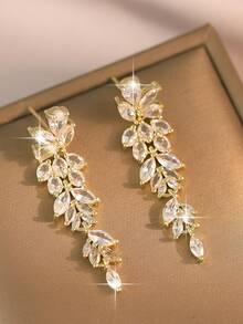 1 对优雅叶花 CZ 女士长款婚礼耳环，带 AAA 方晶锆石吊坠耳环珠宝 - 金黃色 - 查看 5