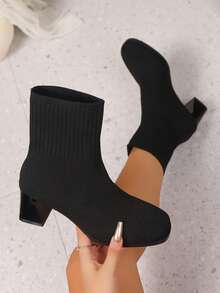 2025 秋冬女式法式百搭踝靴，新款粗跟拉链后跟时尚短靴 - 黑色 - 查看 6