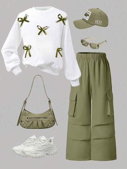 青少年女孩纯色蝴蝶结装饰短袖上衣和工装裤套装