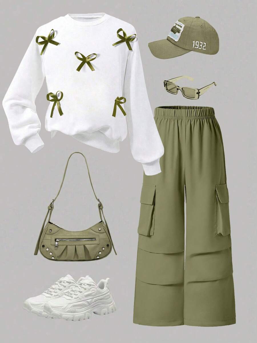 青少年女孩纯色蝴蝶结装饰短袖上衣和工装裤套装 - 白色 - 查看 1