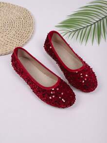 女士休闲平底亮片鞋，圆头一脚蹬平底鞋，适合日常穿着、宴会和派对 - 紅色 - 查看 7