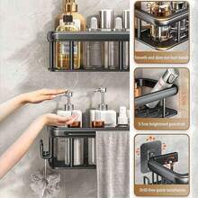 Estante de ducha, 1 pieza de estantería adhesiva para ducha con gancho, sin necesidad de perforar, montada en la pared, antioxidante, de alta gama para baño, cocina, estantería de almacenamiento, estantes, estante, negro - Multicolor - Ver 5