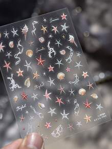 1 张夏日海滩海洋闪光指甲贴纸贝壳海星海螺星星海洋指甲软浮雕装饰指甲贴纸美甲自粘贴花