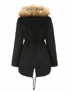 Manteau parka femme de couleur unie avec cordon de serrage, poches zippées. Manteau matelassé doublé thermique avec col en fourrure et capuche. Manteau matelassé ample pour un port quotidien, les voyages, l'aéroport, l'hiver D336 - Noir - Voir 3