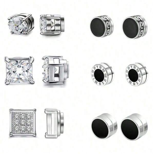 6 Pairs Hypoallergenic Stainless Steel Magnetic Earrings | Men's Non-Piercing Clip-On Studs | 6-8mm Round Zirconia & Roman Numeral Designs | Ideal Gift For Daily Wear