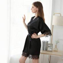 1PC Women's Black New Long Sleeve Casual Comfortable Breathable Sexy Tie Home Bathrobe,Four Seasons Home Bathrobe,Summer Bathrobe,Autumn Bathrobe,Winter Bathrobe