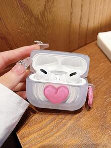 1pc Bluetooth Earphone Case, Pink Heart Design Transparent Striped Square Protective Cover, Suitable For AirPods Pro/Pro2/1/2/3/4 - Multicolor - View 4