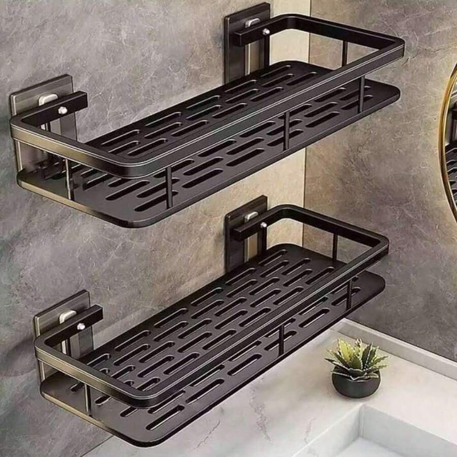 Estante de ducha, 1 pieza de estantería adhesiva para ducha con gancho, sin necesidad de perforar, montada en la pared, antioxidante, de alta gama para baño, cocina, estantería de almacenamiento, estantes, estante, negro - Multicolor - Ver 1