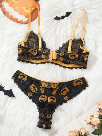 Ladies' Black Halloween Bra And Panty Set, Pumpkin Personalized Cute Lace Lingerie, Pumpkin Embroidered Costume Bra And Panty Two Pieces Set