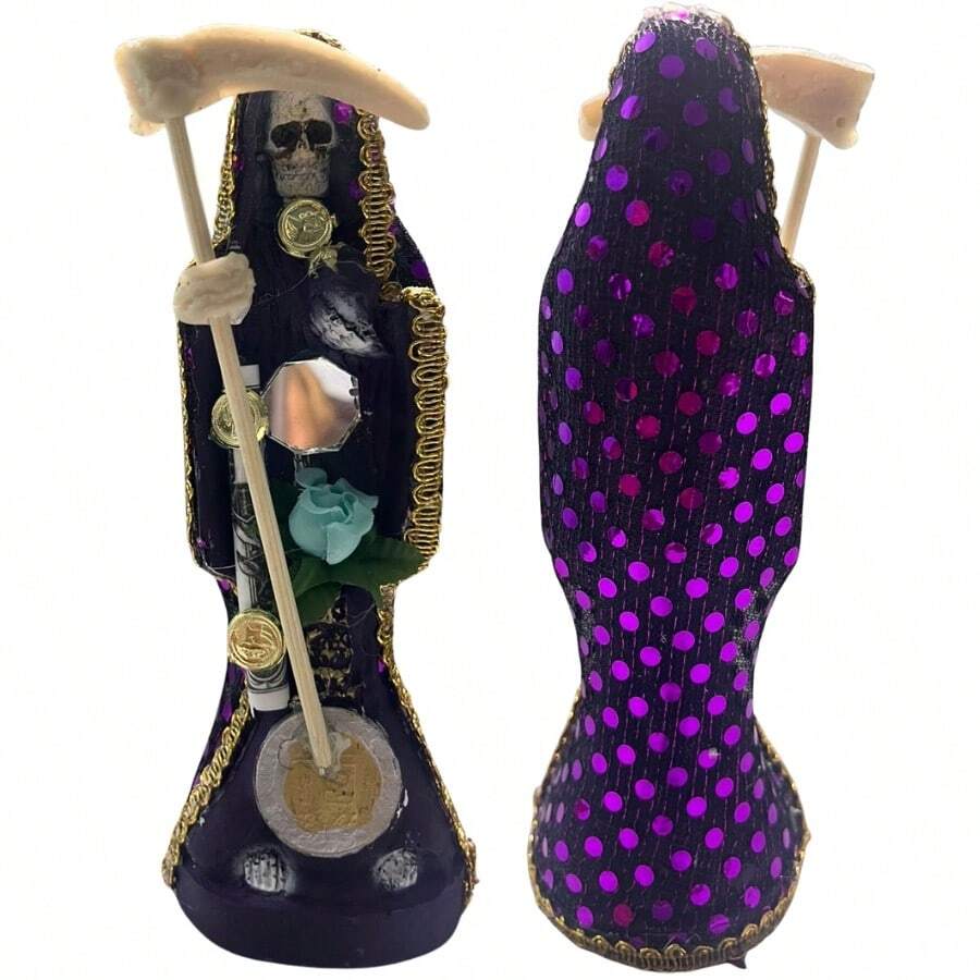 Santa Muerte Morada 15 cm Vestida – Transformación, Sabiduría, Dominio Espiritual, Protección contra Enemigos, Rompe Brujería + Libro Práctica del Culto a La Santa Muerte - Morado Violeta - Ver 1