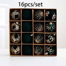 Set de 16 piezas de bolas decorativas navideñas, colgantes de bolas para árbol de Navidad, bolas de Navidad pintadas de terciopelo en caja de regalo, adornos para árbol de Navidad, decoraciones multicolor para árbol de Navidad, corona navideña, guirnalda para decoración navideña