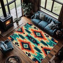3x5 Rugs, 2x3 Rug, Southwestern Rustic Area Rug, Colorful Geometric Door, Washable & Non - Slip Small Carpet, Home Decor - 藍綠色 米色 橘色 - 查看 2