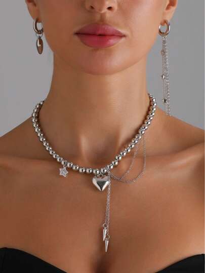 INS Metal Design Heart Shaped Tapered Tassel Pentagram Necklace, Sweet And Cool Hot Girl Accessories, Summer Beach Jewelry, Women's Fashionable Niche Personalized Necklace, Suitable For Daily Matching