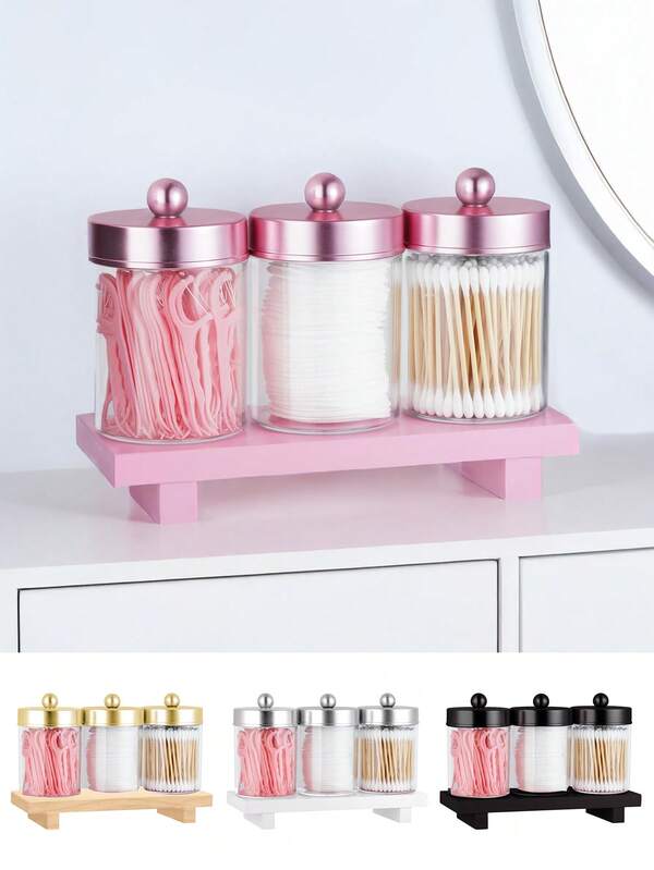 3 قطع أوعية لعيدان القطن مع أغطية، مجموعة حامل أعواد القطن/الكرات/الوسادات البلاستيكية مع صينية خشبية، وعاء تخزين لأدوات المكياج، حجارة العلاج بالروائح، ربطات الشعر، أعواد الخيط، حامل عرض، صينية تجميل، منظم حمام، صندوق تخزين، ديكور منزلي