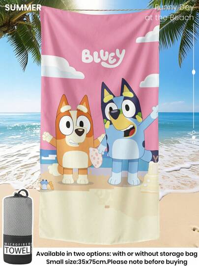 Bluey 1pc Bluey Beach Towel, Bluey And Bingo Pattern Swim Towel, Bath Towel, Fashion Style Beach Towel, Super Absorbent Bath Towel For Bathroom, Swimming, Fitness, Yoga, Soft And Comfortable Microfiber Towel, Lightweight And Portable, Wind And Sun Protection, Sandproof For Summer Travel, Vacation Holiday Bathroom Decor,Recommend Regular Sizes And Larger Sizes, (35*75cm Small Size Towel,150cm Or Above Recommended)
