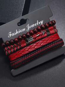 1pc, Fashion Vintage Men's Leather Bracelet Cupid's Arrow Wooden Beaded Leather Hand Woven Retro Fashion Bracelets For Men