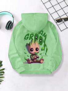 Felpa con cappuccio autunnale per ragazzi con stampa dello slogan Marvel "I'am Groot" e maniche lunghe, vestibilità ampia, spalle scese, colore nero. Sottile, adatta per l'inizio dell'autunno. - Menta Verde - Visualizzare 3