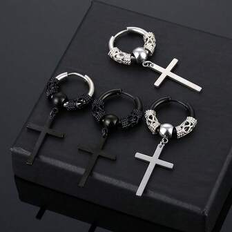 1/4 Piece Fashionable Retro Dragon Pattern Stainless Steel Round Wire Cross Earrings With Ear Bone Buckles Suitable For Daily Wear For Both Men And Women